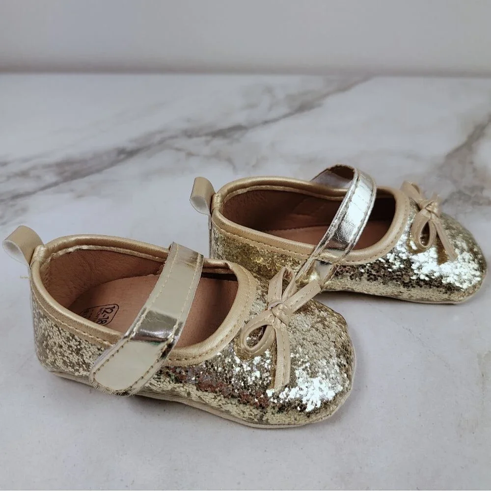 Baby Infant Gold Glitter Mary Jane Dress Shoes Slippers, 4.5 / 12-18 Months